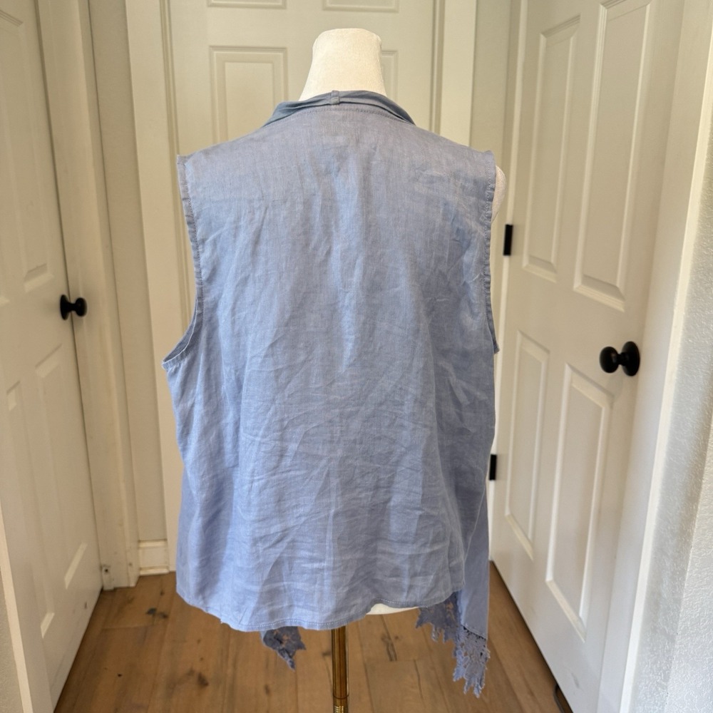 Ruby Rd Blue 100%‎ Linen Vest Open Wrap Waterfall Crochet Coastal Beachy Sz PM - Picture 5 of 7